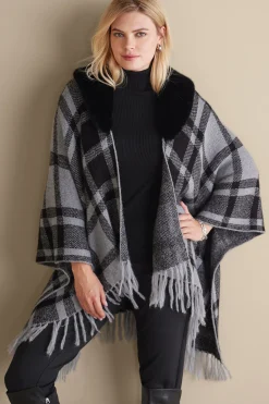 Demetria Plaid Poncho with Fur Collar